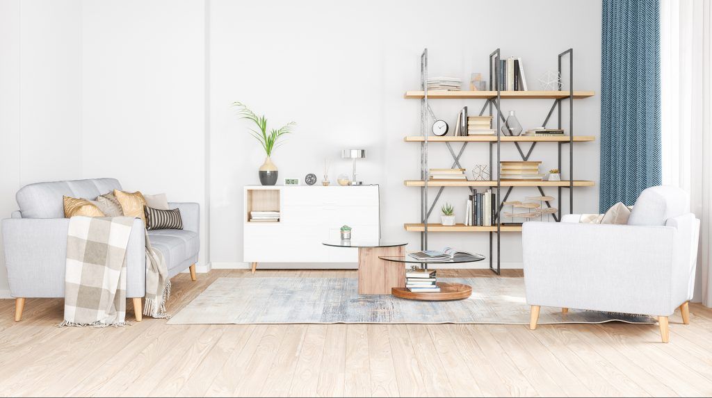 Salón moderno con aparador, estantería y sofás con patas de madera para muebles de diseño