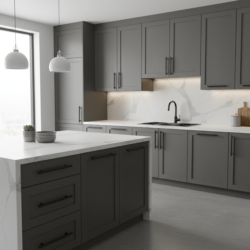 Cocina con tiradores metálicos para armarios y cocinas en color negro