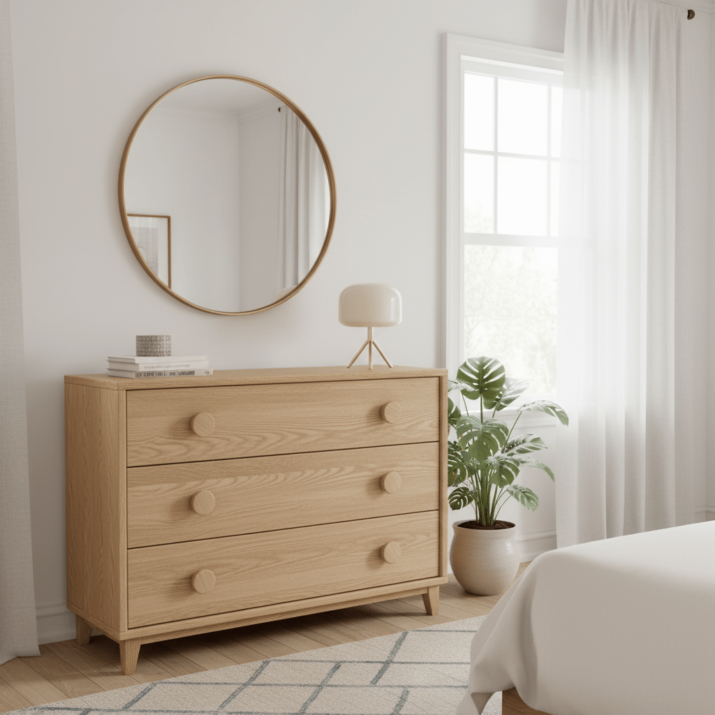 Pomos de madera redondos en cómoda y puertas de armarios