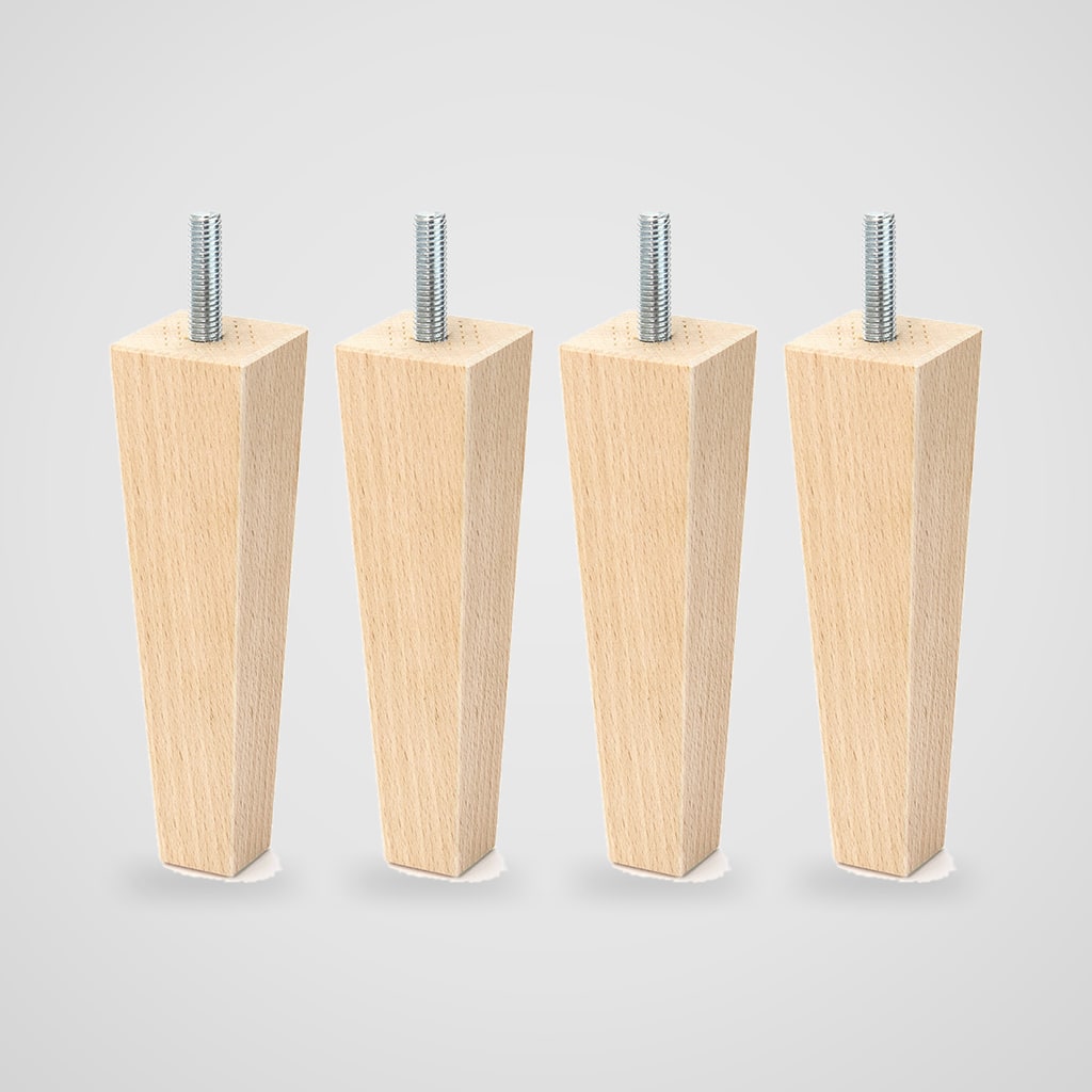 Patas cuadradas de madera de haya natural 15 cm con rosca M8 – 4 uds
