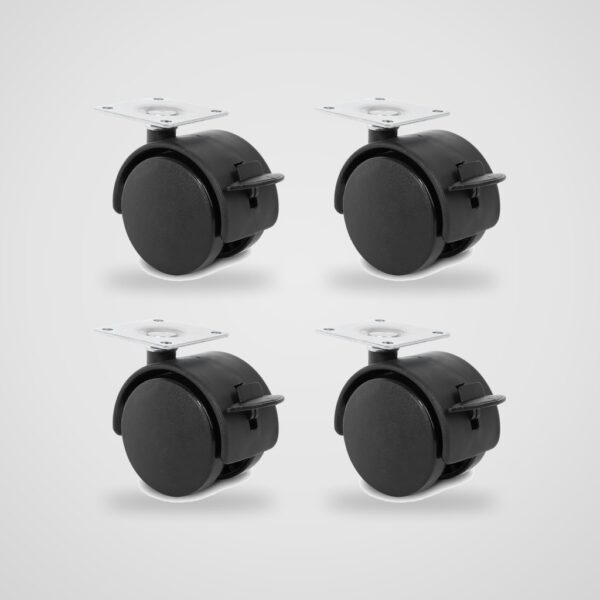 Ruedas giratorias con freno Ø 50 mm negras con placa – 4 uds